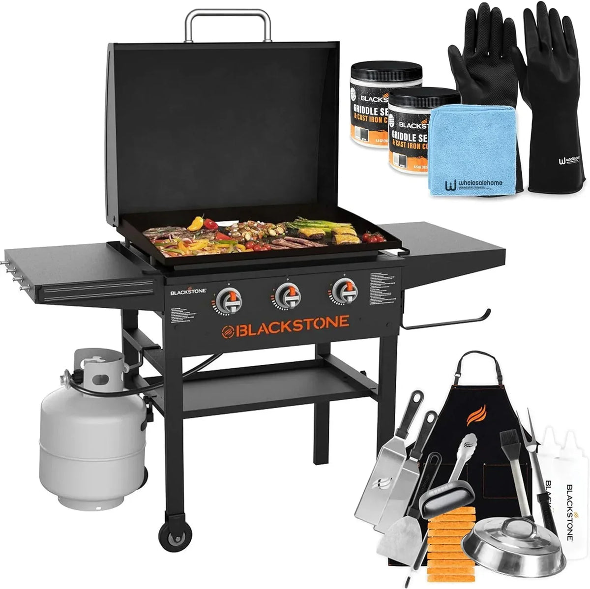 28 Inch Blackstone Griddle 2080 with Hood XL Griddle Original 3-Burner Outdoor Flat Top Grill. with Blackstone Griddle Accessories. Seasoning. and