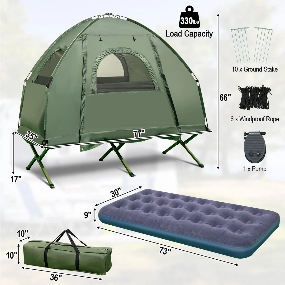 5-in-1 Folding Camping Cot – Tent with Air Mattress. Pillow & Sleeping Bag