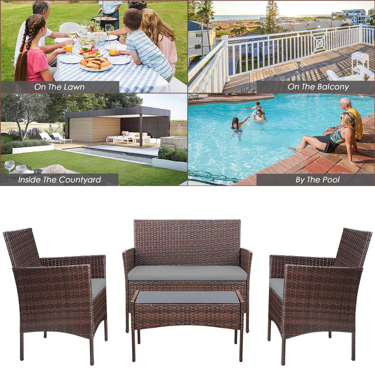 4-Piece Outdoor Patio Furniture Set. Rattan Wicker Chairs and Outdoor Seating Set