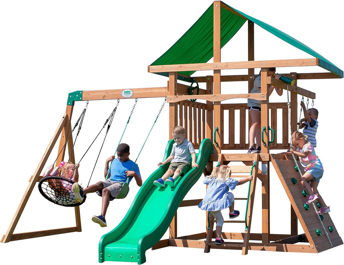 A complete set of wooden mountain-style swings. equipped with a colorful canvas sunshade. a wave slide. a rope swing. a net swing. and a rock wall with climbing ropes and ladders.