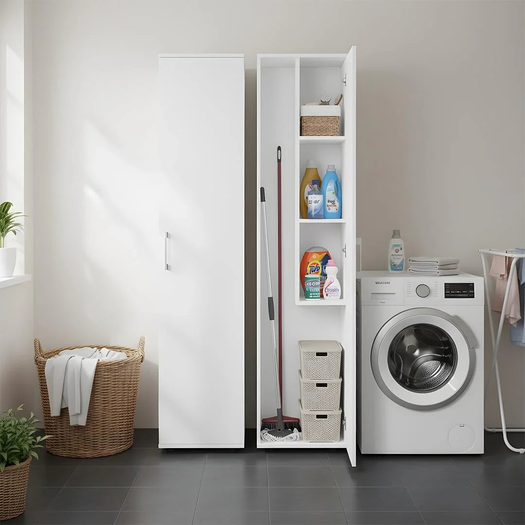 Bellamio Apol Besenschrank - Mehrzweckschrank 40 cm breit Weiß - Vorratsschrank mit Staubsaugerfach - Putzschrank aus Holz - Flurschrank mit Stauraum