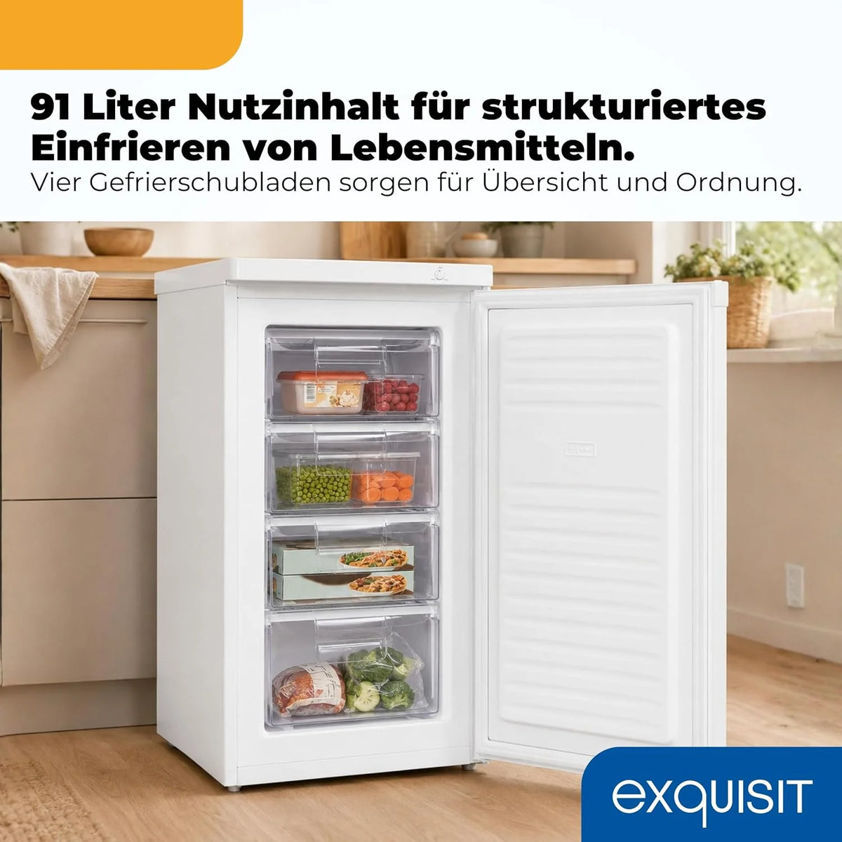 Exquisit Gefrierschrank | 91 l Nutzinhalt. Energieeffizienzklasse E. 40 dB(A) | kompakte Bauform. 4-Sterne-Gefrieren. manuelle Temperaturregelung.