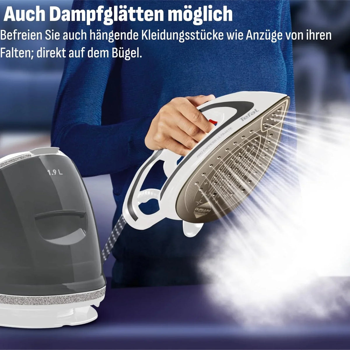 Tefal Dampfbügelstation Pro Express Ultimate. 7.7 Bar. 155 g/Min. Kontinuierlicher Dampf. 500 g/Min. Extra-Dampfstoß. 2600 Watt. Kalk-Kollektor.