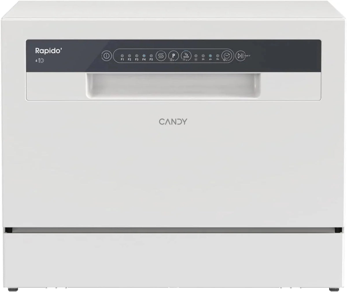 Candy CP 6E51LW Lavavajillas Pequeño y Compacto. 6 Servicios. Digital. 51DBA. 5 Ciclos. Media Carga. Inicio Diferido 3-6-9 horas. Indicador Sal y