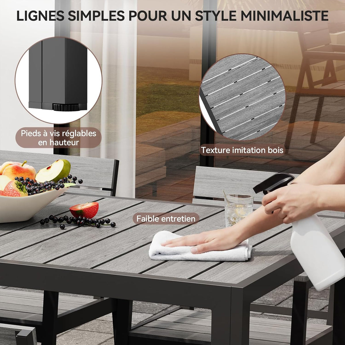 Devoko HDPS Conjunto de jardín de exterior de 7 piezas. resistente a la intemperie.con mesa de 150 cm y 6 sillas de jardín de exterior de aluminio.