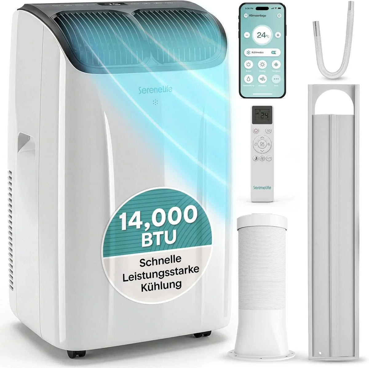 SereneLife Klimaanlage Mobil 14000 BTU – Kleine Klimaanlage für Zimmer bis 33 m² | WiFi | Kühlung. Entfeuchter & Ventilator | 51 dB