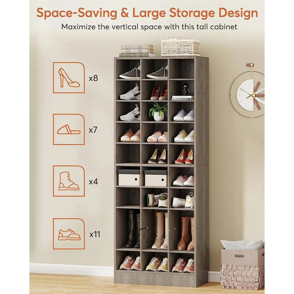 10-Tier Tall Shoe Cabinet. 30-Pair White Wood Shoe Storage Rack for Entryway and Closet