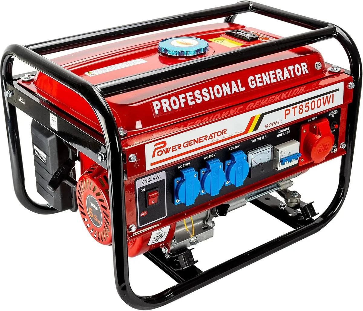 Generador de corriente con gasolina | Accesorios incluidos | Grupo electrógeno silencioso | 5 enchufes 3 x 230 V / 1 x 400 V / 1 x 12 V | 6.5 CV
