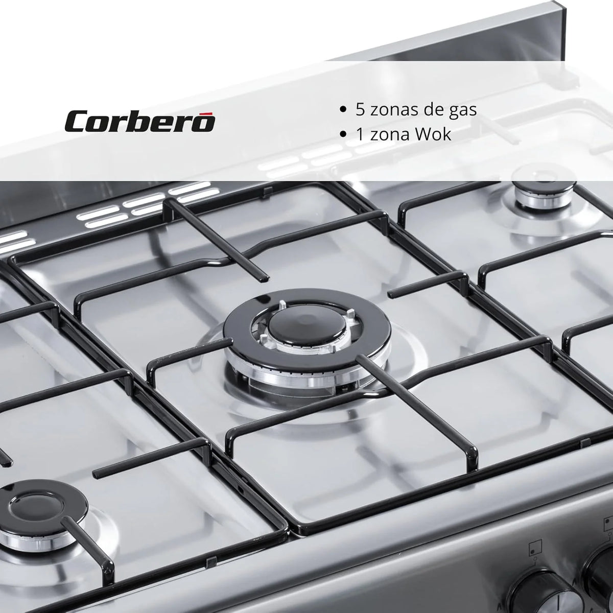 Corbero - Cocina de gas butano 5 fuegos | CC510GB90X | 80x90x60 | Horno de 60L con puerta doble | Wok en medio| Encendido Manual | Cajón