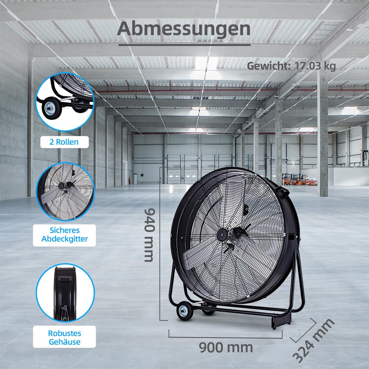 Be Cool Industrie-Windmaschine 75cm BCIWM75CM – Fahrbarer Trommelventilator. Ø 75 cm (30). 300 Watt. Vollkupfermotor. 2 Geschwindigkeiten. Aluminium-