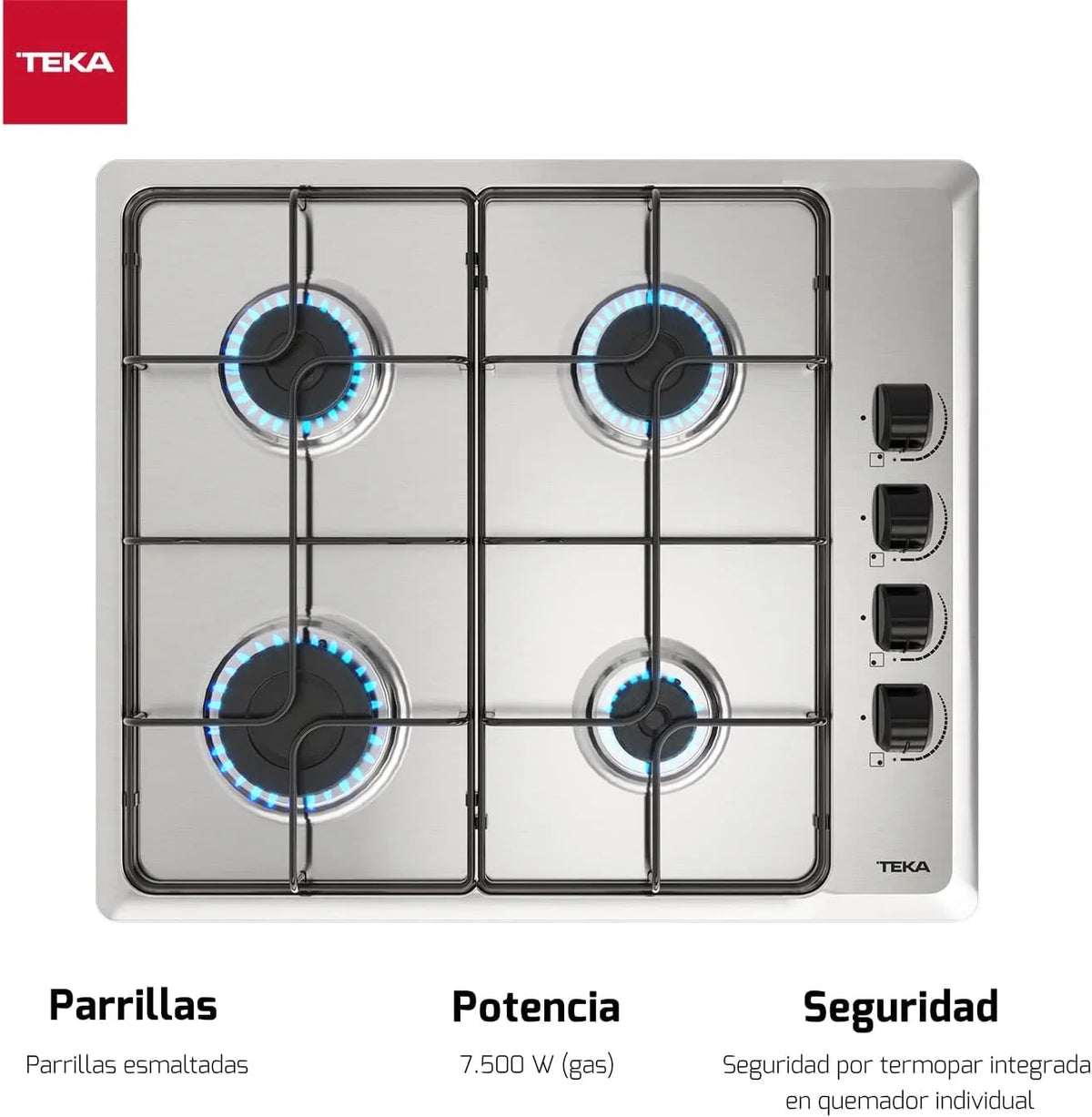 TEKA Placa de Gas Butano. 60 cm. 4 Fuegos. Mandos Ergonómicos. Seguridad Termopar. Parrillas Esmaltadas. HLX 640 KL