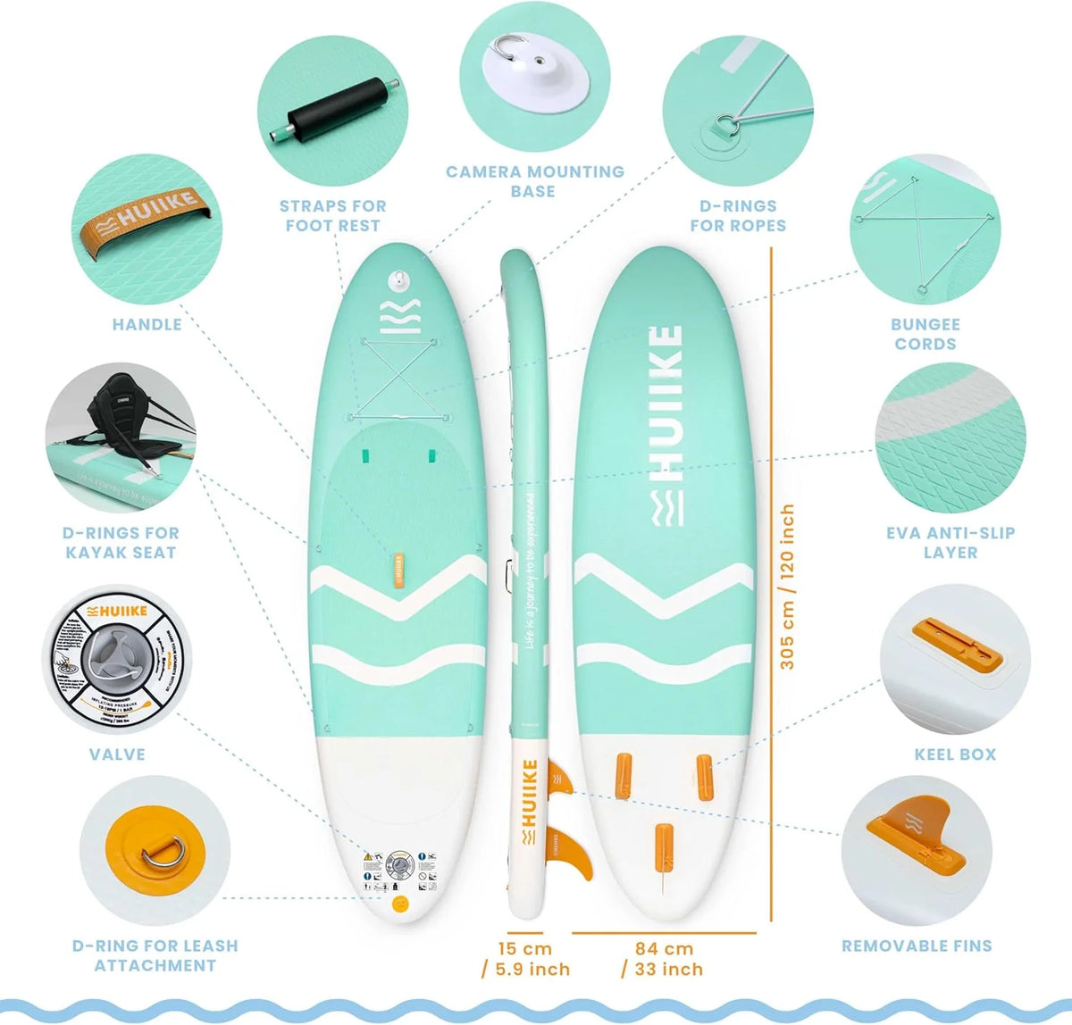 HUIIKE Inflatable Paddle Board for Adults with Accessories Included. Oar. Fins. Pump. Stand Up Paddleboard Great Stability and Resistance. 10' x 33 x
