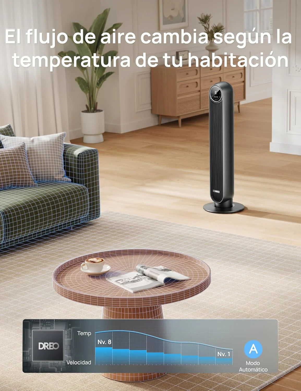 Dreo 20dB Ventilador de Pie Silencioso. Ventiladores de Torre con Velocidad de 7.6 m/s. 4 Velocidades. Rotación de 90°. Temporizador de 8 Horas.