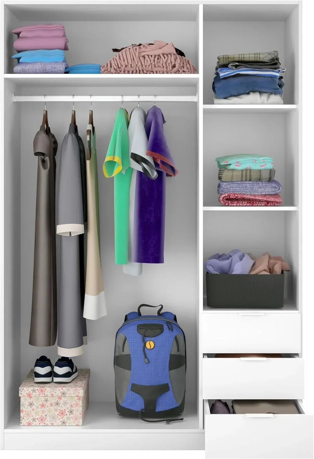 Habitdesign Three Door and Three Drawer Wardrobe Closet. Artic White Finish. Measurements: 121 cm (W) x 180 cm (H) x 52 cm (D)
