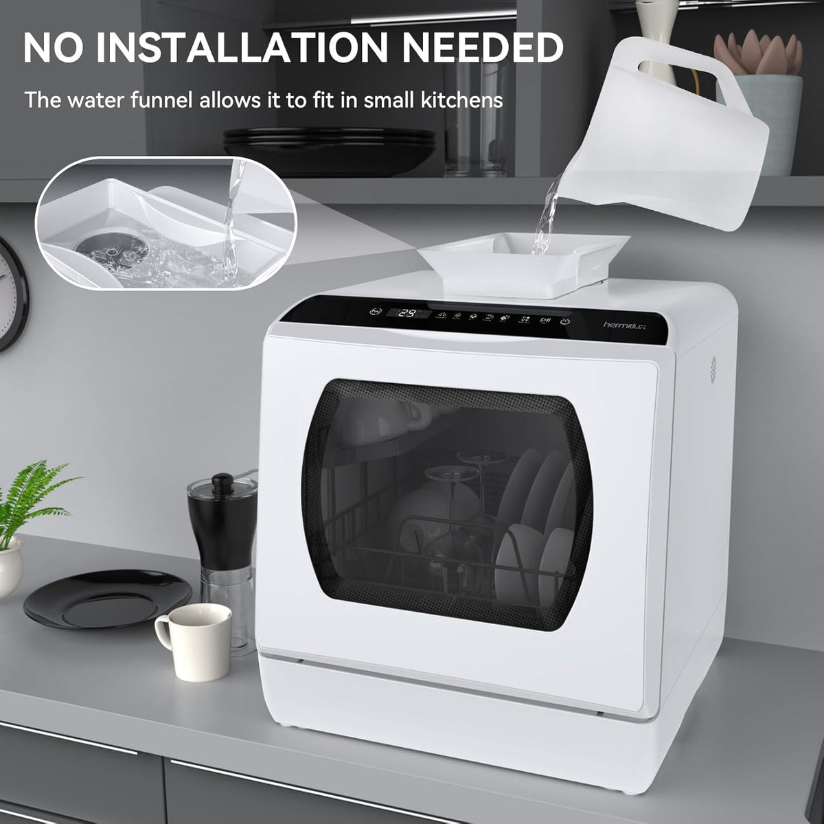 Countertop Dishwasher. 5 Washing Programs Portable Dishwasher With 5-Liter Built-in Water Tank For Glass Door