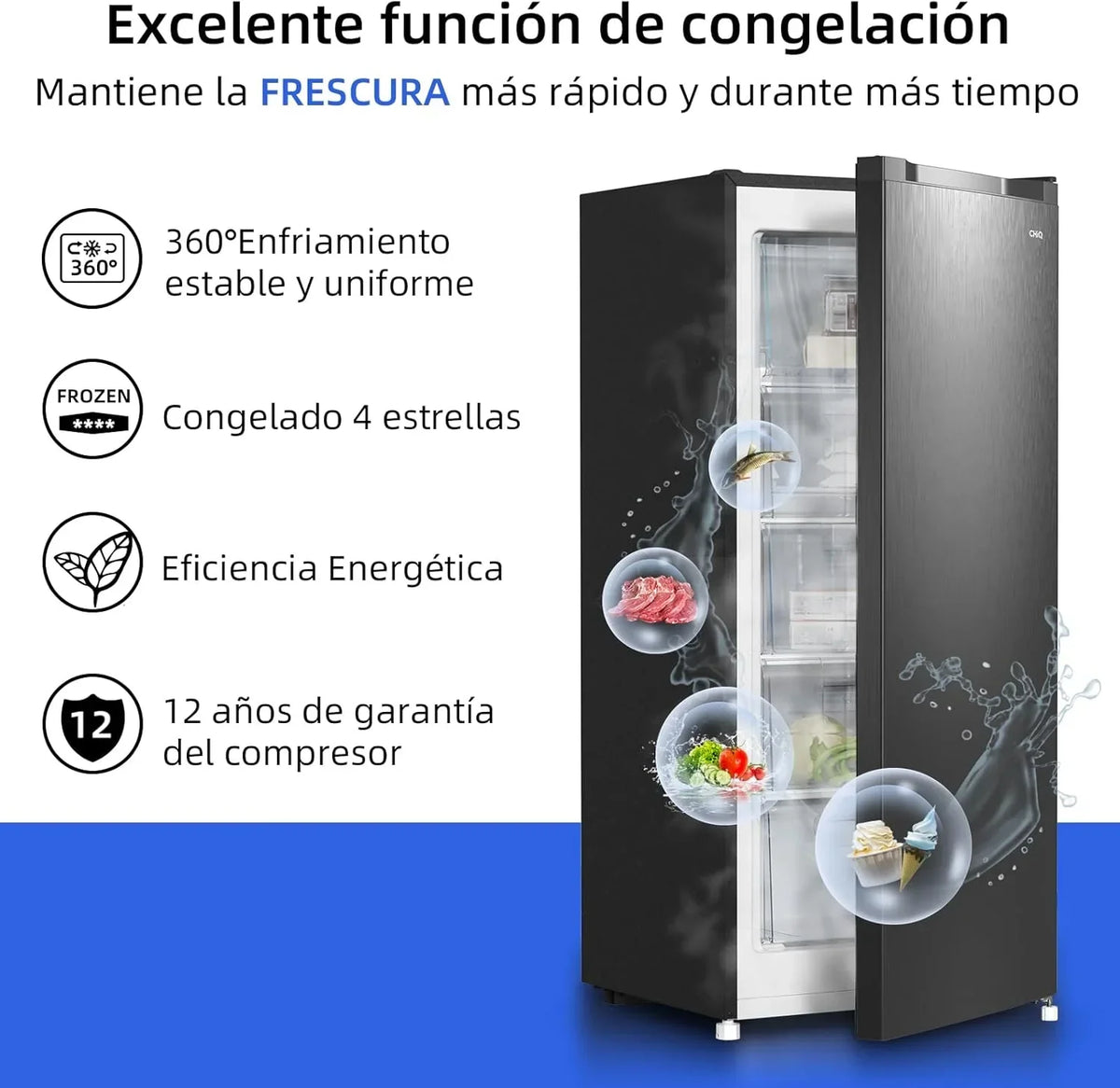 Congelador vertical independiente CHiQ. 145L de capacidad. congelación rápida. termostato ajustable. silencioso. puerta reversible. negro.