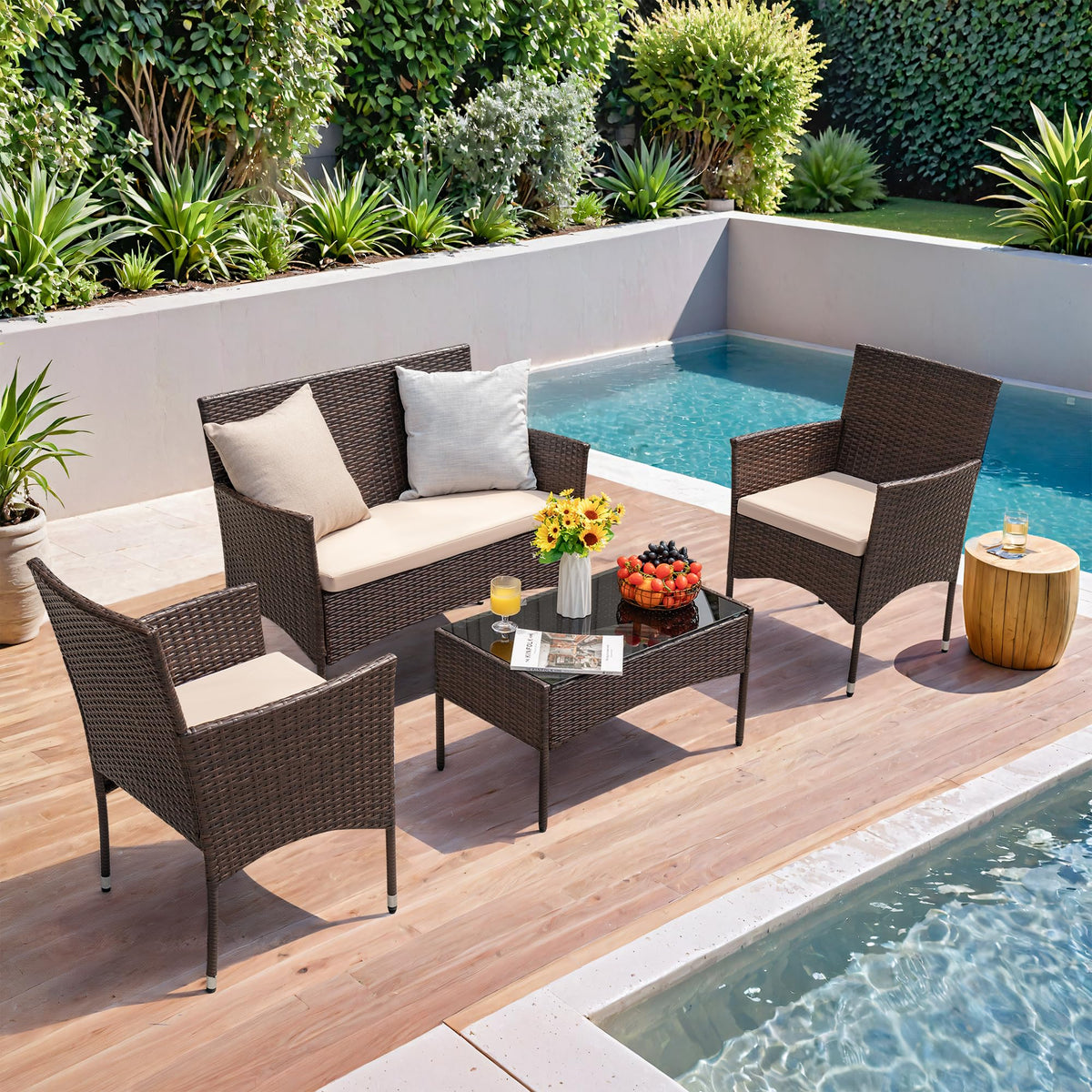 4-Piece Outdoor Patio Furniture Set. Rattan Wicker Chairs and Outdoor Seating Set