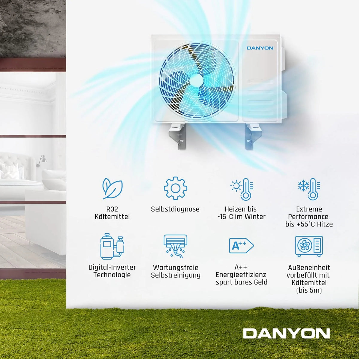Danyon Klimaanlage Split - 12000 BTU - 3.4 kW. Selbstreinigung. leise. Smart Home. Inverter Klimagerät mit Heizfunktion. Splitgerät vorgefüllt mit R32