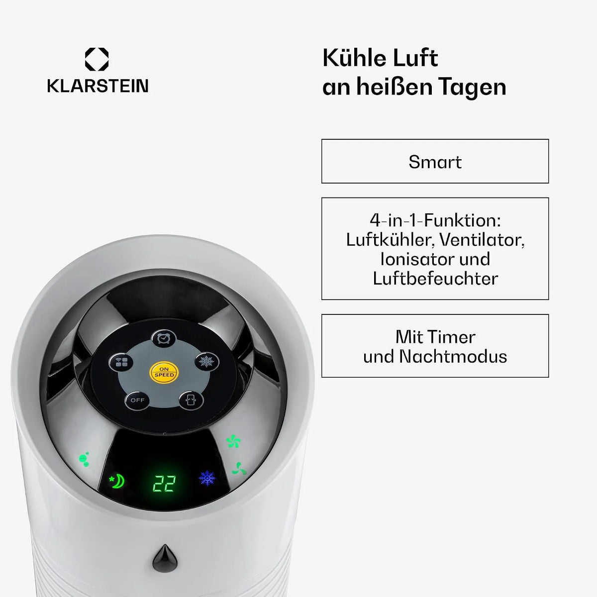 Klarstein 4-in-1: Smart Luftkühler. Ventilator. Luftbefeuchter & Ionisation I 6 L Wassertank. Oszillation. 30 W. 210 m³/h. Timer I Klimagerät ohne