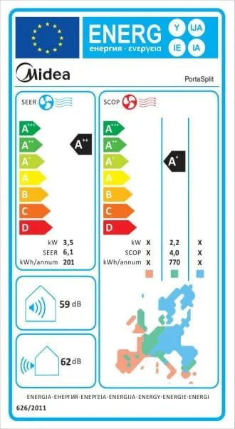 Midea Portasplit Klimaanlage. Mobile Wärmepumpe. Kühlen A++/Heizen A+. 12000 BTU 3. 5kW. für Räume bis zu 42 m² / 105 m³. nur 39 dB(A) im Silent-Modus