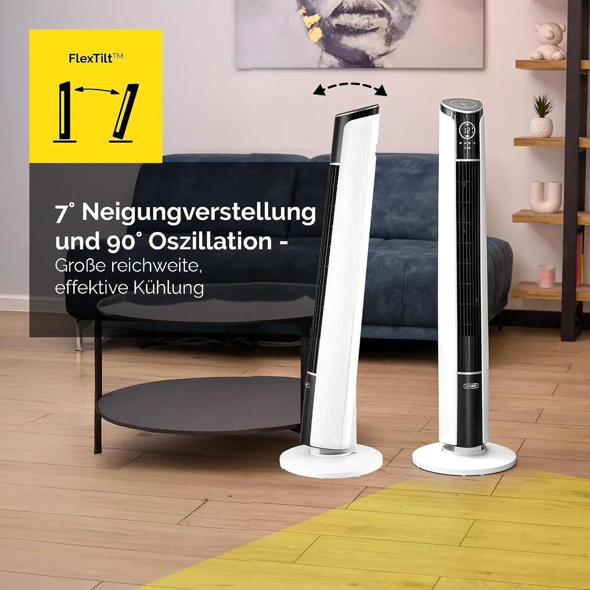Yoer 29dB Leiser Turmventilator. Ionisator. 10 m Reichweite. Neigungswinkeleinstellung. 12 Geschwindigstufen. 4 Modi. 12 Std. Timer. 90° Oszillation.