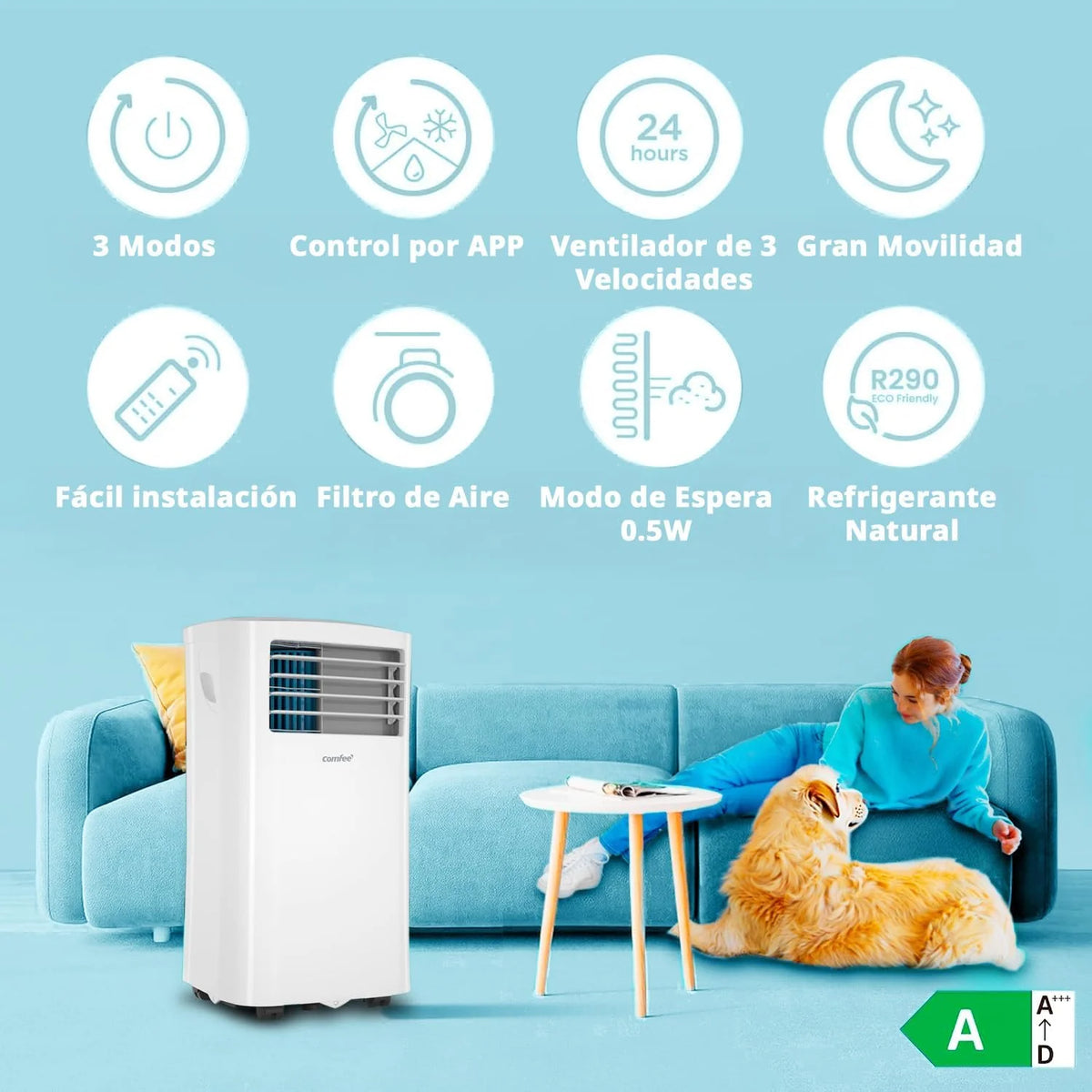 COMFEE Pingüino Aire Acondicionado Portátil 8000 BTU / 2000 Frigorías – Climatizador sin unidad exterior – Enfriador Silencioso Bajo Consumo con Kit