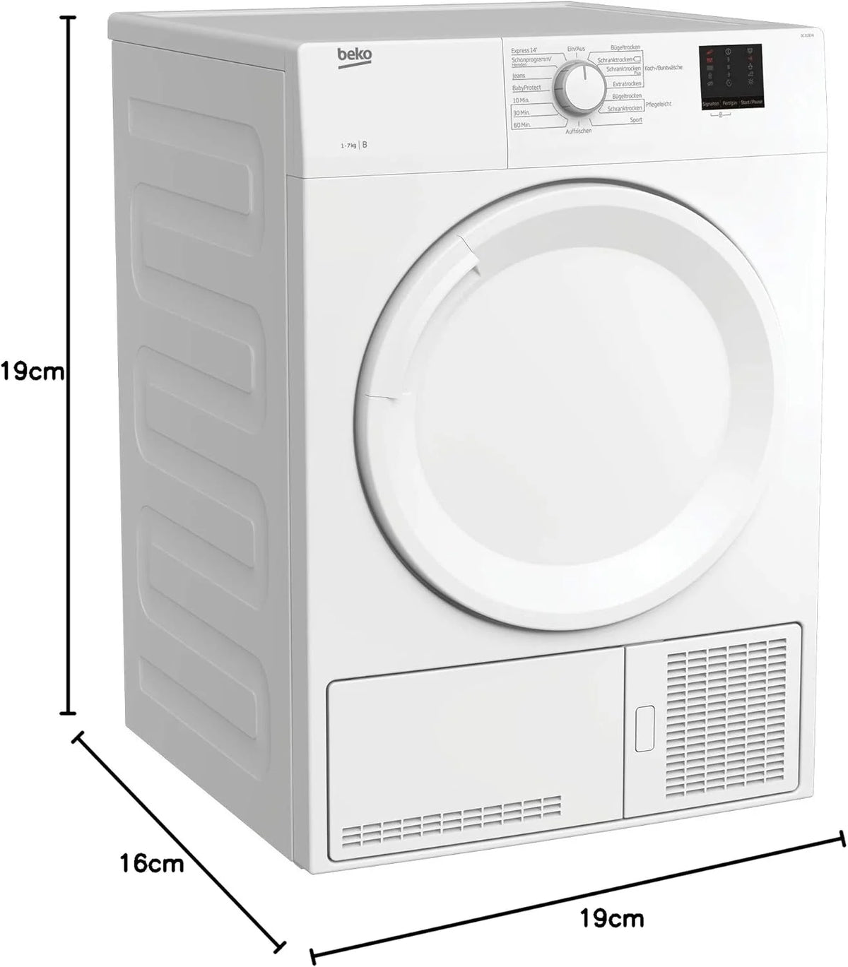 Beko DC 7130 N b100 Kondenstrockner. 7 kg. Elektronische Feuchtemessung. Automatischer Knitterschutz. AquaWave-Schontrommel. 15 Programme. Express