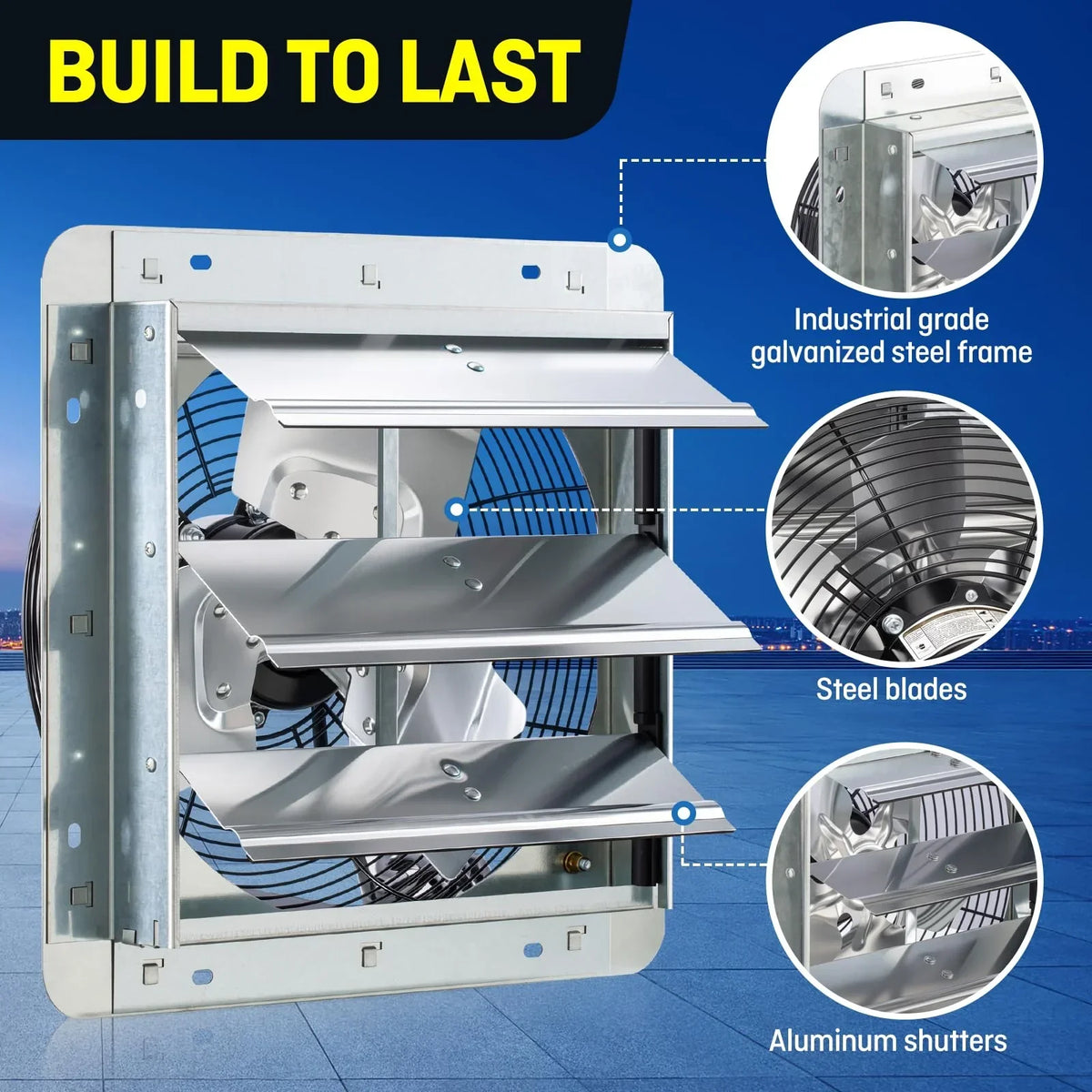 12 Inch Wall Mounted Exhaust Fan with Thermostat. High Velocity Ventilation Fan for Garage. Workshop and Home Ventilation