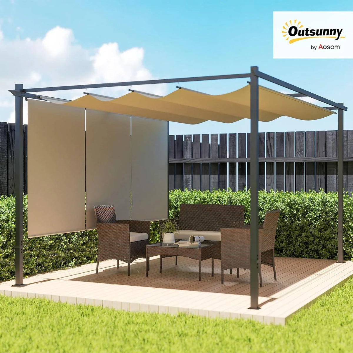 Outsunny Pérgola de Jardín 4x3 m con Techo Retráctil y 3 Laterales Enrollables. Cenador de Jardín Montado en Pared o Independiente. con UPF30+.
