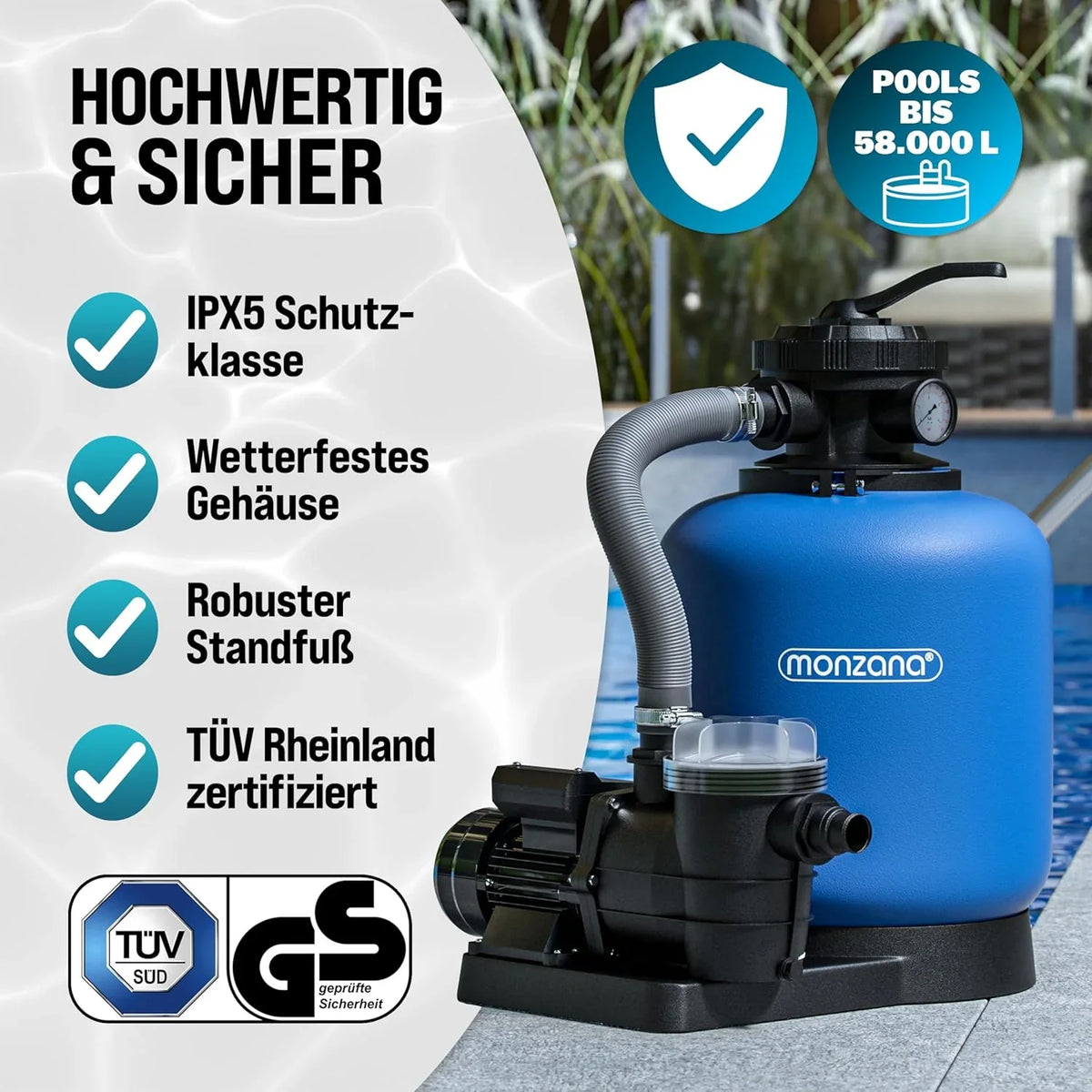 MONZANA Sandfilteranlage 13.200L/h bis 58.000L Pool Vorfilter 7-Wege-Ventil 600W 30L Tank 2in1 Adapter Ø32-38mm Filteranlage Poolfilter Sandfilter