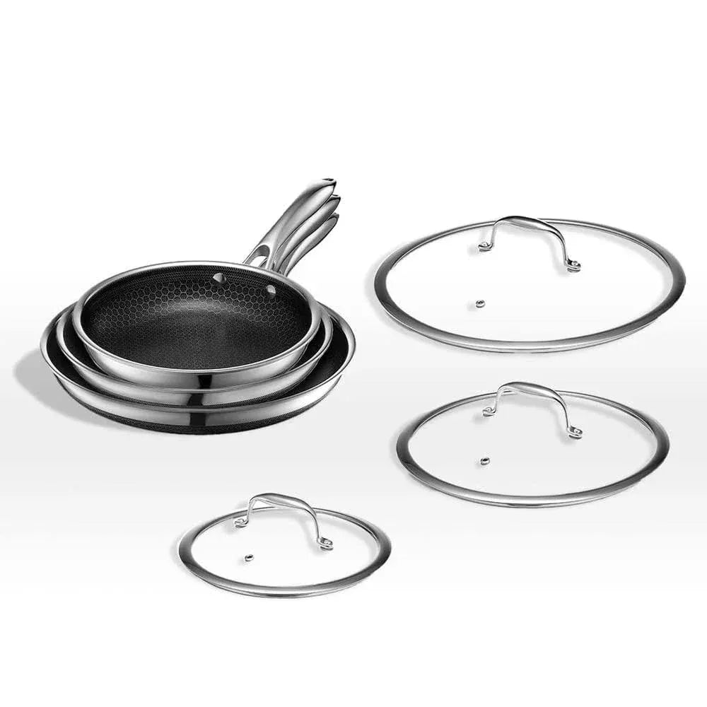 6-Piece Hybrid Stainless Steel Pan Set with Glass Lids. 8-Inch. 10-Inch and 12-Inch. Black