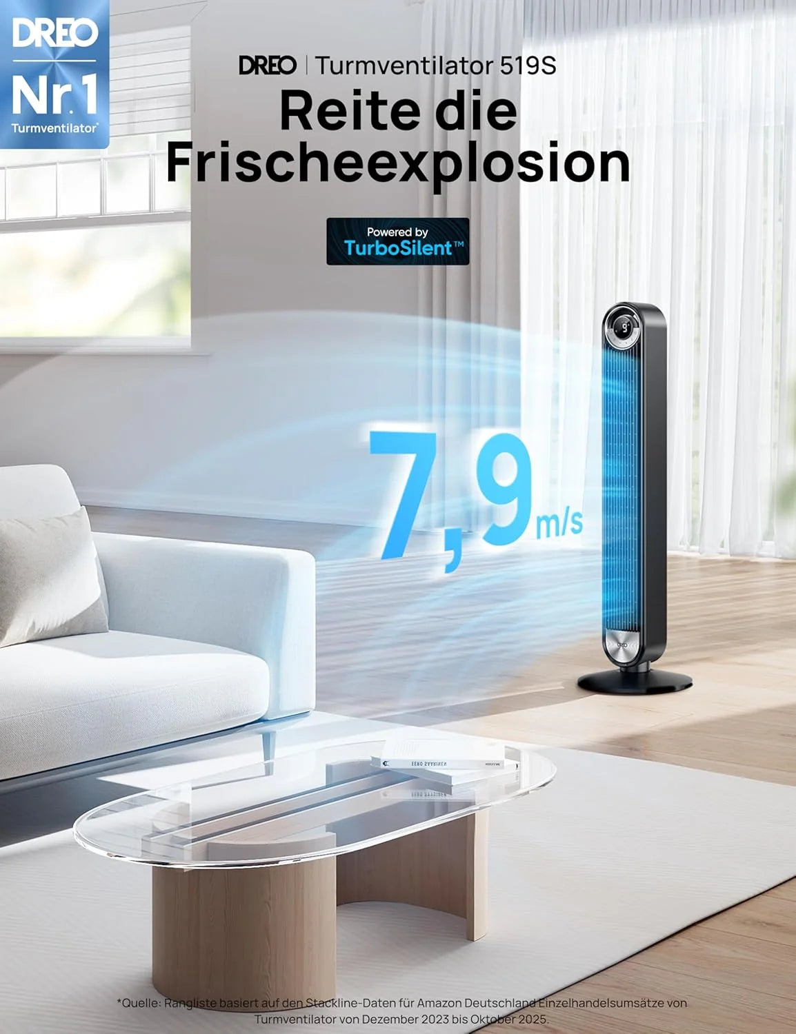 DREO 25 dB Leiser Smart Turmventilator. 106cm Höhe 4 Modi 9-Geschwindigkeit Max 7.9m/s 12H Timer 90° Oszillierender Ventilator mit Fernbedienung