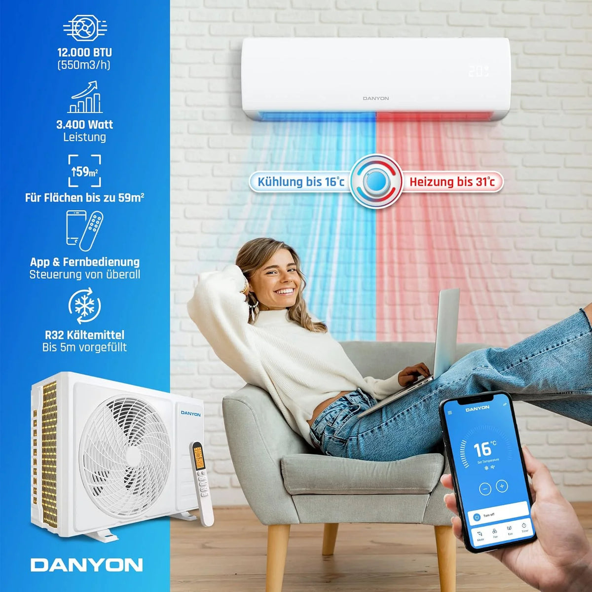 Danyon Klimaanlage Split - 12000 BTU - 3.4 kW. Selbstreinigung. leise. Smart Home. Inverter Klimagerät mit Heizfunktion. Splitgerät vorgefüllt mit R32