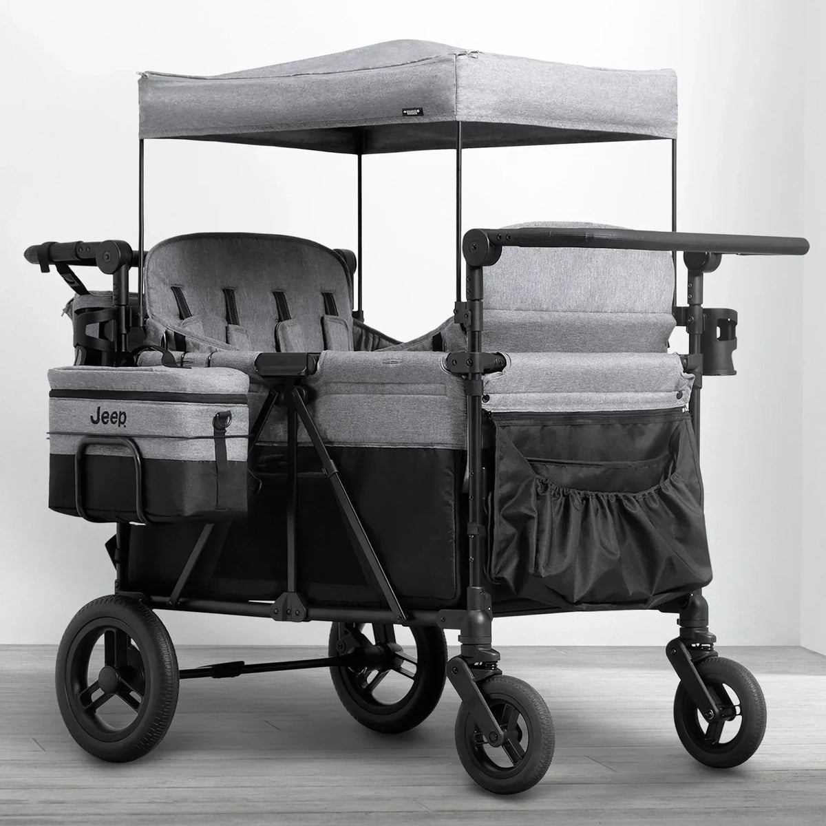 Carrito-Paseador Jeep Wrangler Deluxe para 4 Niños – Capota Desmontable. Bolsa Térmica. Asientos Modulares. Almacenamiento XXL. Ruedas Antipinchazos.