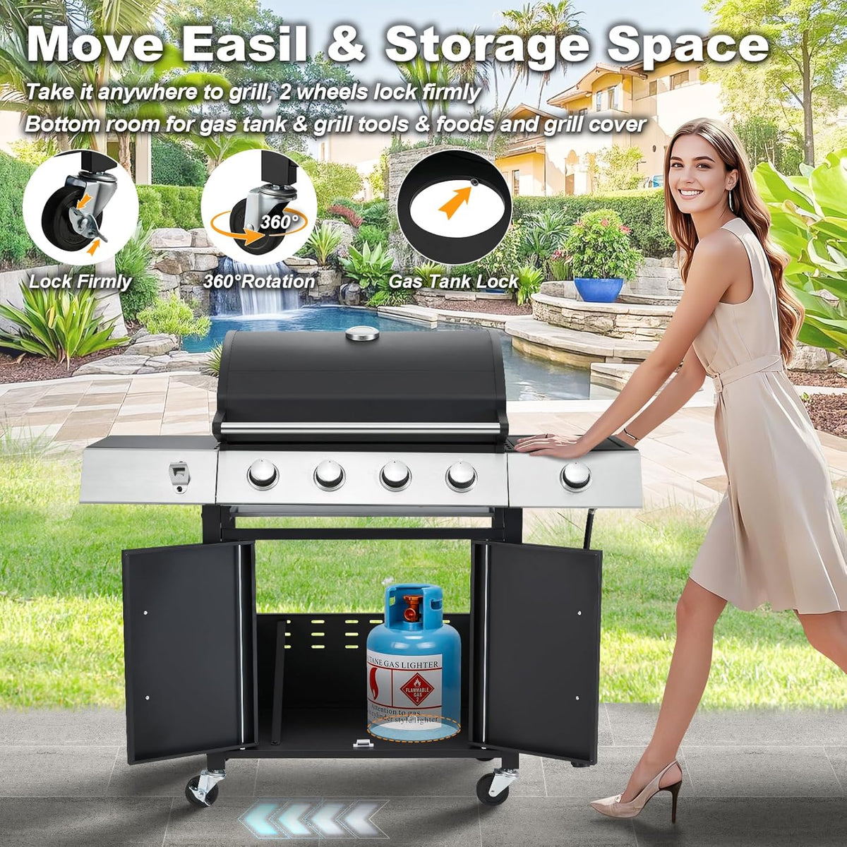 4-Burner Propane Gas Grill with Cast Iron Grates. Side Stove and 44.000 BTU Stainless Steel Burners