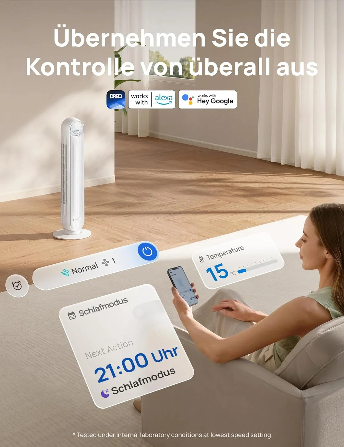 Dreo Smart 20dB Leiser Turmventilator. 10 m Wurfweite 4 Geschwindigstufen 4 Modi 8 Std. Timer 90° oszillierende Ventilator mit Kühlung WLAN &