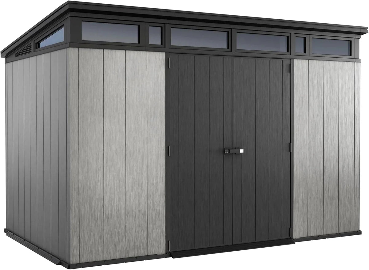 11 x 7-Ft. Resin Outdoor Storage Shed for Patio Furniture. Garden Tools. Bikes and Lawn Mowers