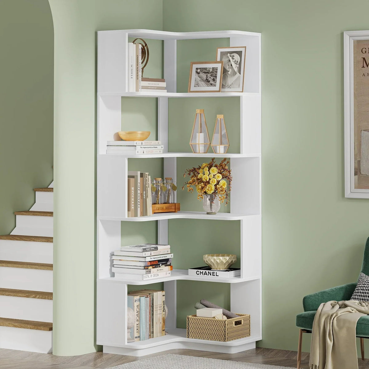 64.9 Inch Tall 6-Tier Corner Bookshelf. Freestanding Wood Industrial Bookcase