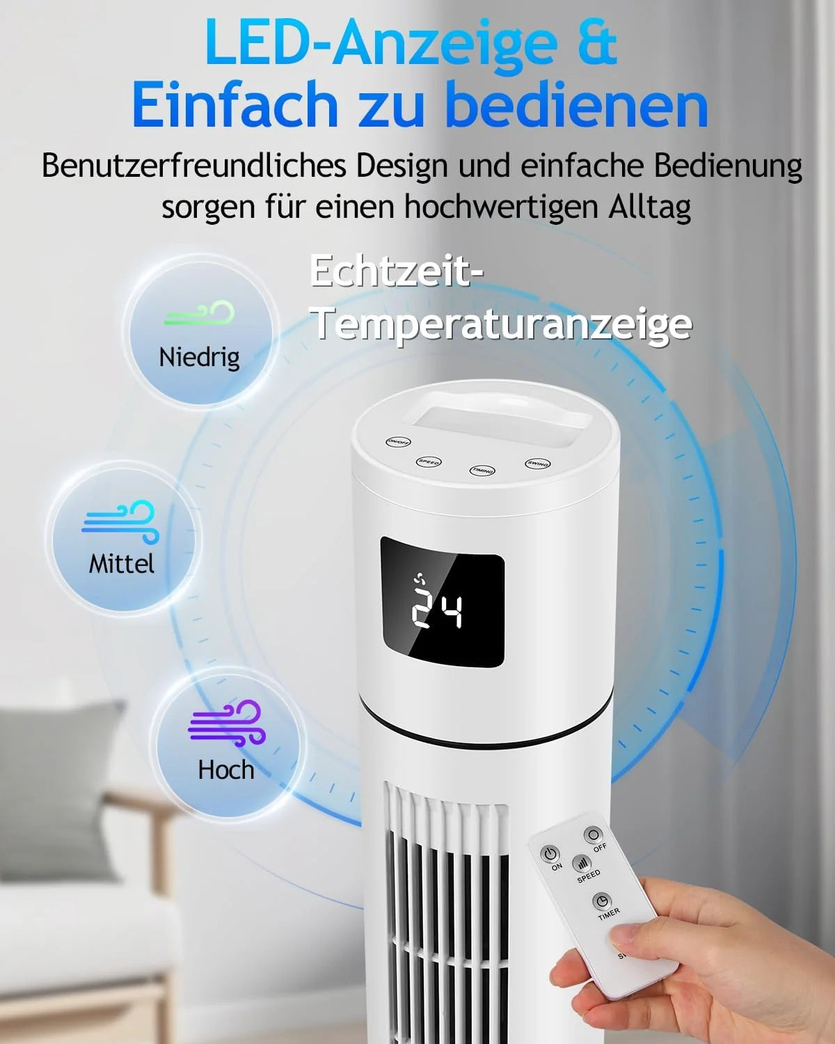 Timiyou Turmventilator 20dB Sehr Leiser für Schlafzimmer & Kühlung mit Fernbedienung | 3 Geschwindigkeitsstufen. 12h Timer. 60° Oszillation.