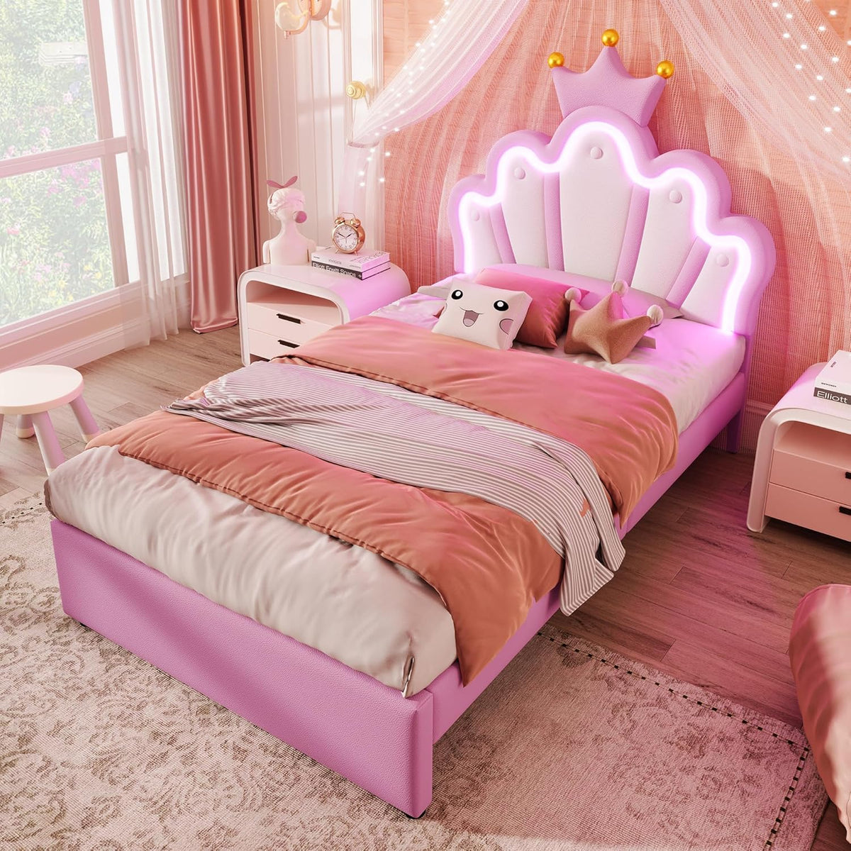 Kinderbett Polsterbett 90x200. Kronenförmiges Prinzessinnenbett. Einzelbett mit LED und 2 Schubladen. Bettgestell für Mädchen. mit Verstellbares