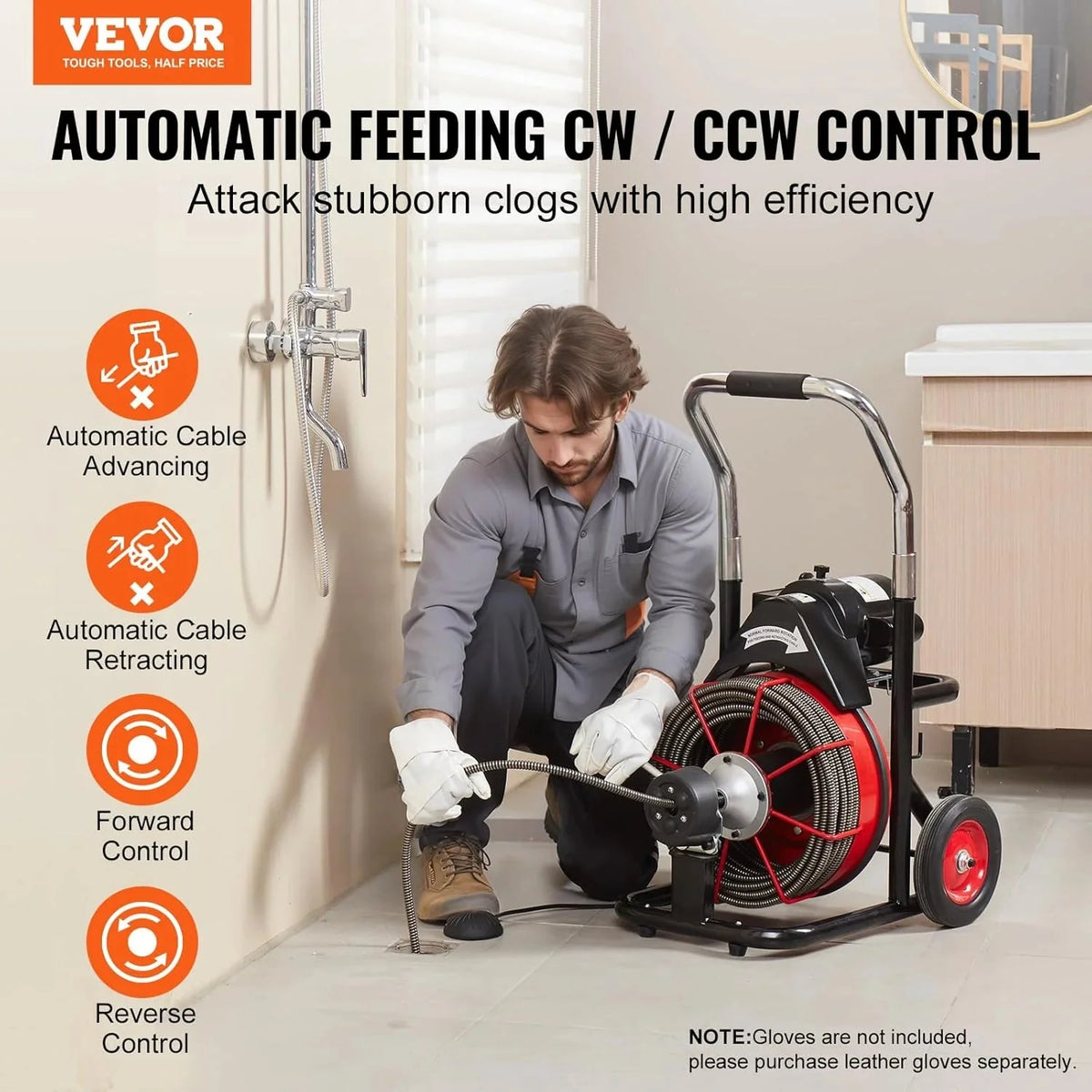 550W Drain Cleaning Machine. 100-Ft. x 1/2-Inch Sewer Snake Auger with 8 Cutters. Wheels and Foot Switch. for 2-4-Inch Pipes