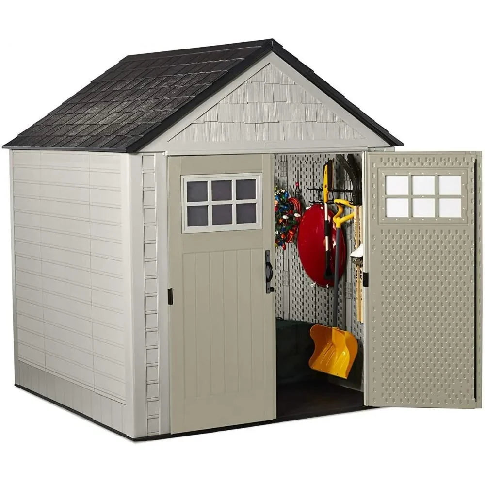7 x 7-Ft. Resin Outdoor Garden Storage Shed with Windows and Utility Hooks. Sand