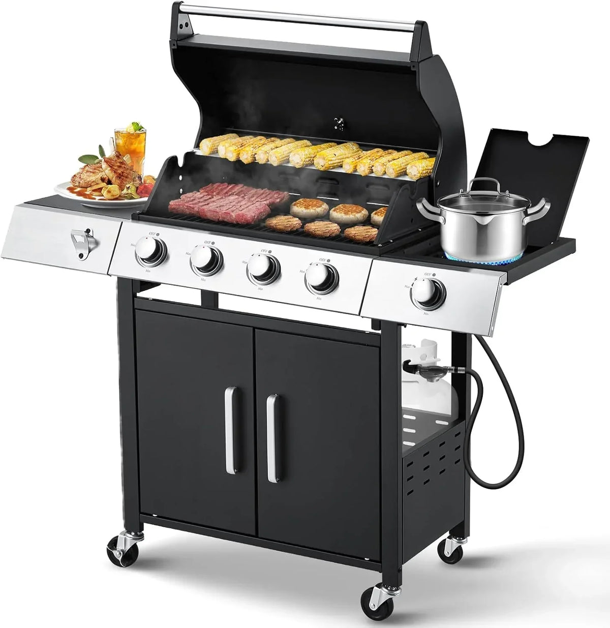 4-Burner Propane Gas Grill with Cast Iron Grates. Side Stove and 44.000 BTU Stainless Steel Burners