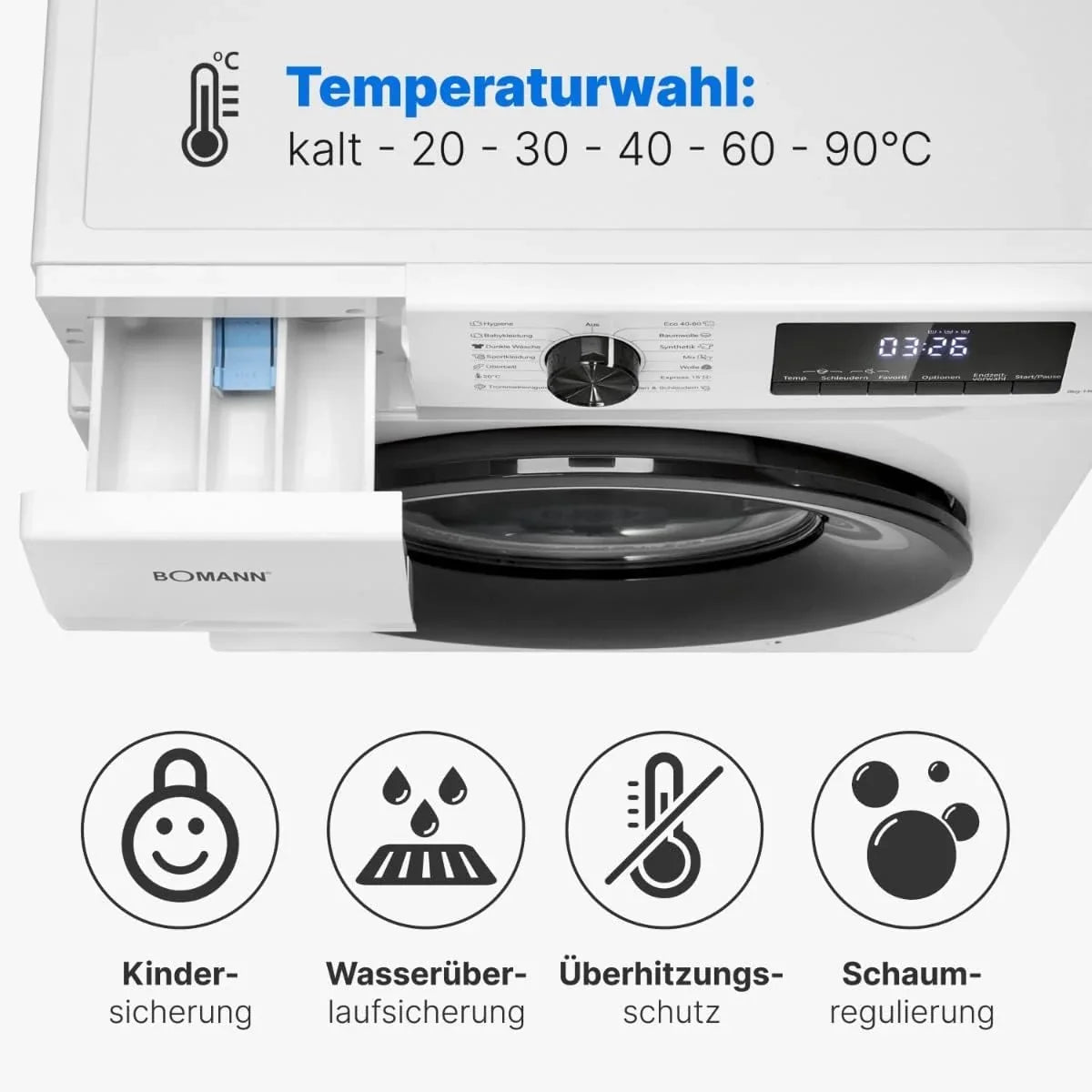 Bomann Waschmaschine 8kg | max. 1400 U/min | 10 Jahre Motor-Garantie | robuster. leiser & langlebiger Invertermotor | 15 Waschprogramme | LED-Display