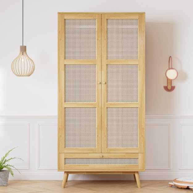 Soweiz Armario con barra. armario de 2 puertas. dormitorio. red de ratán. sala de estar. con tapa inferior abatible. tableros de partículas+ratán de