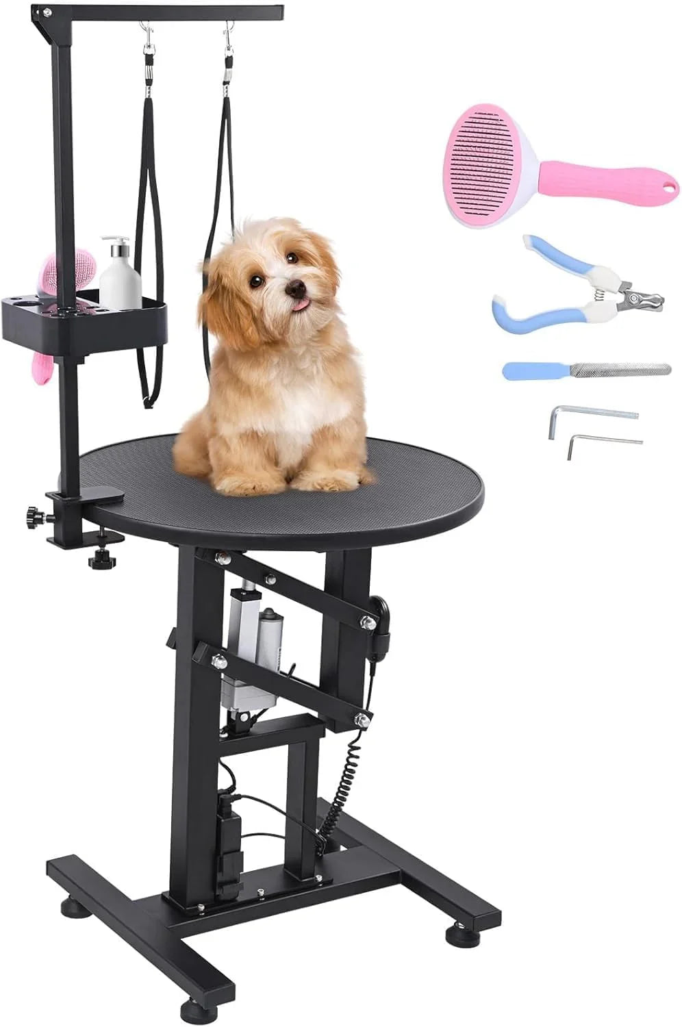 Electric Hydraulic Lift Pet Dog Grooming Table. 24Inch 360° Rotating Grooming Desktop for Small Dogs. with Overhead Arm. Wireless Remote. Tool Organizer. Black