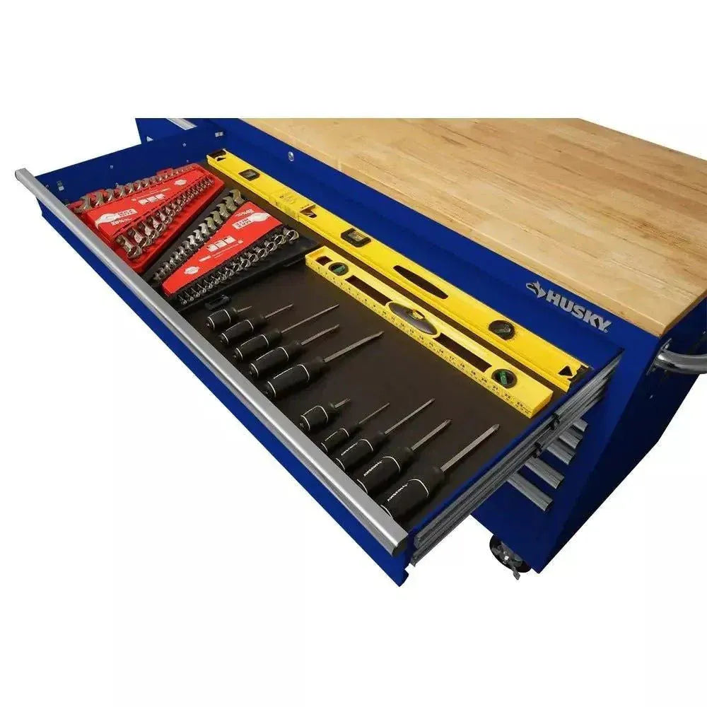 72-Inch 18-Drawer Mobile Workbench with Solid Wood Top. Gloss Blue