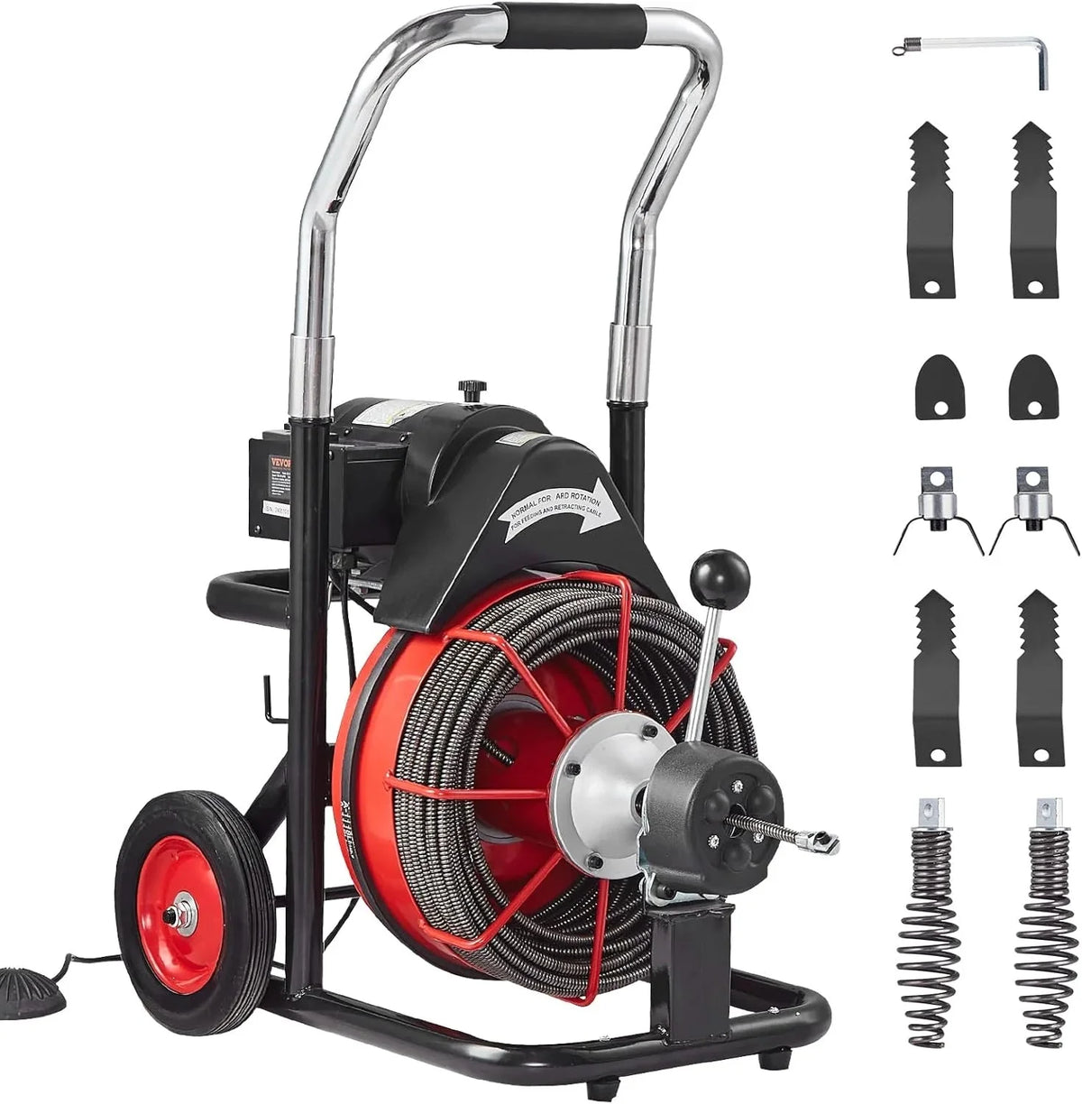 550W Drain Cleaning Machine. 100-Ft. x 1/2-Inch Sewer Snake Auger with 8 Cutters. Wheels and Foot Switch. for 2-4-Inch Pipes