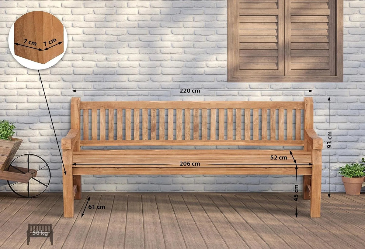 CLP Teakbank Jackson V2 I Wetterfeste Holzbank mit Rückenlehne I Stabile Gartenbank aus massivem Teakholz. Farbe:Teak. Größe:220 cm