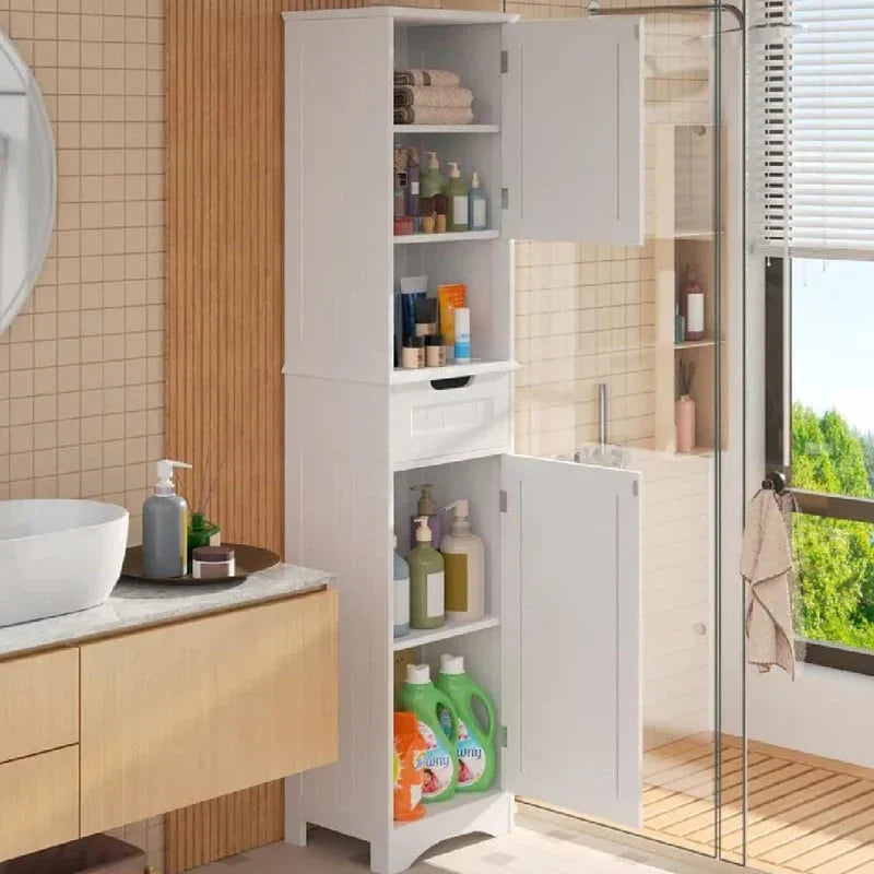 67 Inch Tall Narrow Bathroom Linen Cabinet. 5-Tier Solid Wood Freestanding Storage Cabinet